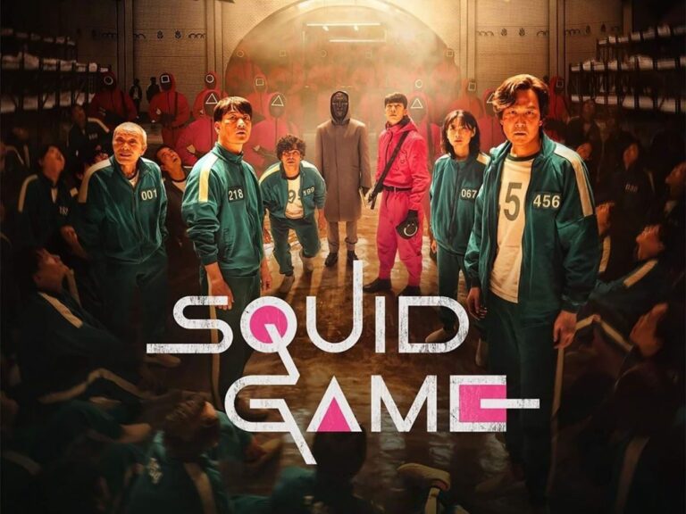 Affiche officielle de Squid Game montrant les personnages principaux en tenues vertes, entourés de gardiens masqués en rouge et des symboles géométriques, illustrant l'univers dystopique et la tension dramatique de la série.